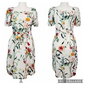 LOFT White Multicolor Floral Puff Sleeve Tent Linen Dress Size 0P Tie Waist